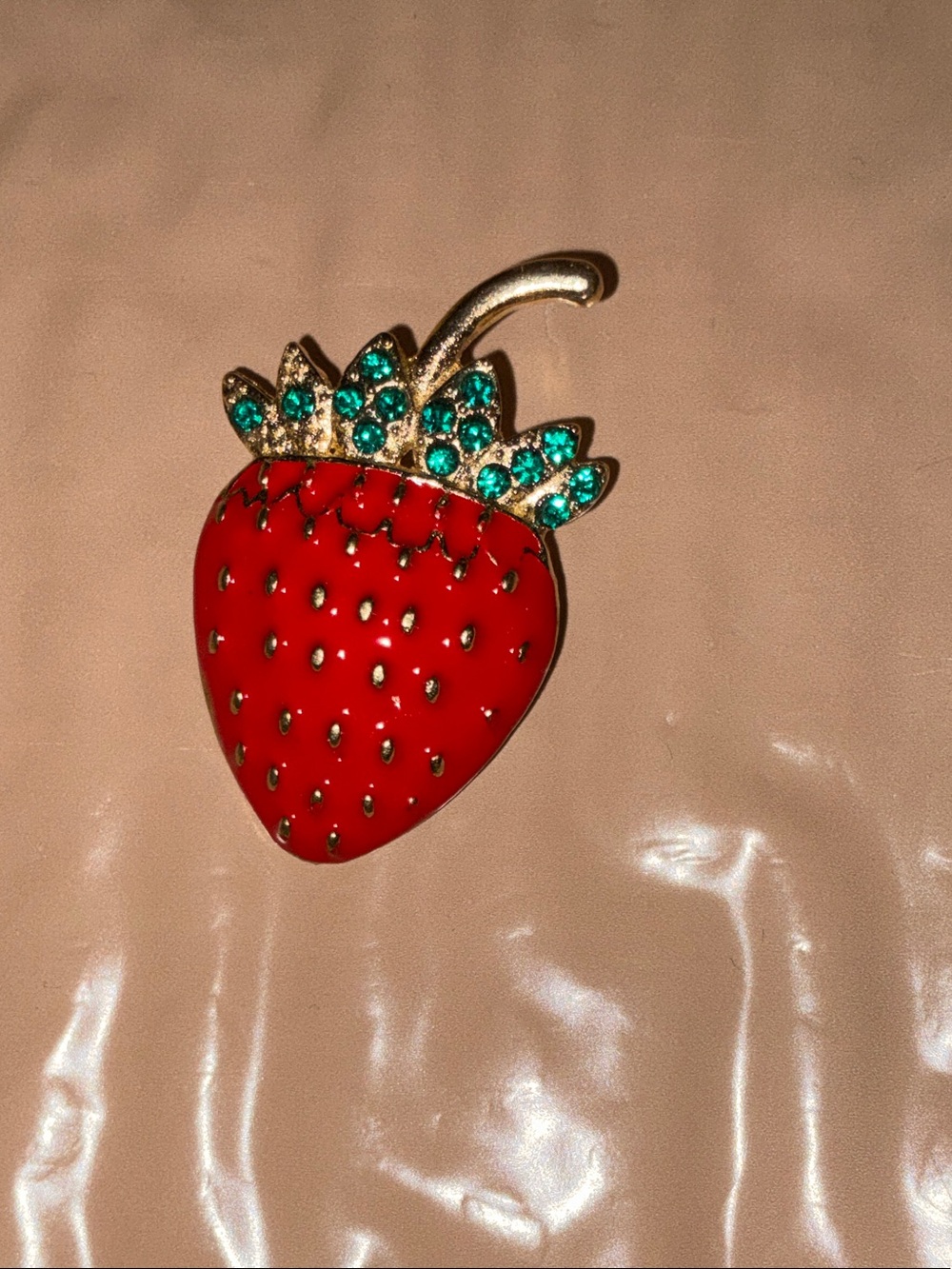 NEITHER MINI Gold-Tone Red Strawberry Brooch with Green Crystal Leaves